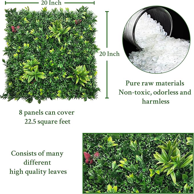 ODTORY Artificial Boxwood Panels: 20"x20" 8P UV-Anti Fake Grass Ivy Privacy Hedge Greenery Backdrop Fence Wall Screen for Garden Fence Covering Privacy, Outdoor Indoor Home Decor