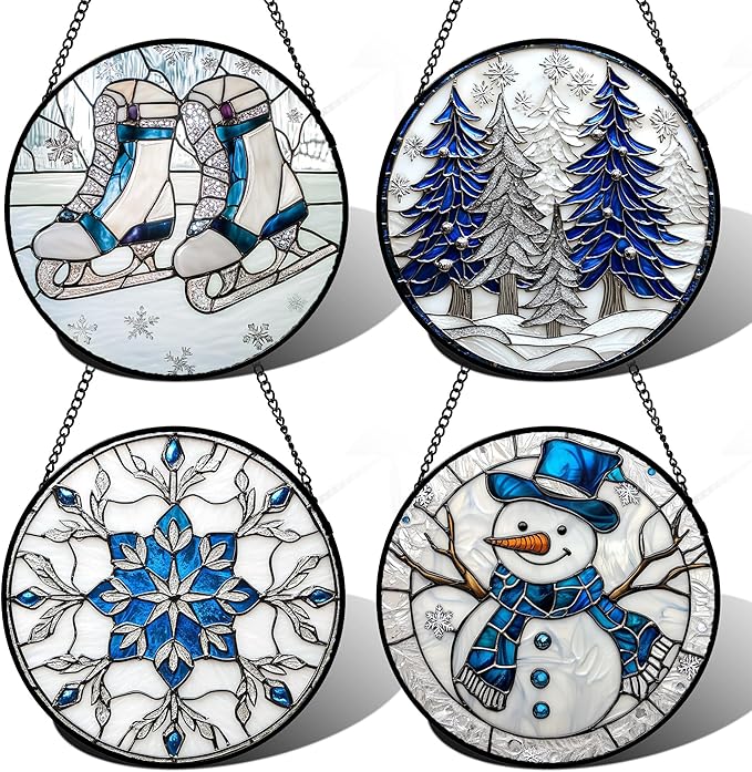 DASTOLL Stained Glass Window Hanging 4 Pcs Set White Winter Christmas Snow Scene Large 11.8" - Suncatcher Door Garden Sun Catcher Decor Birthday for Mom Woman Nana Men Friend Wife