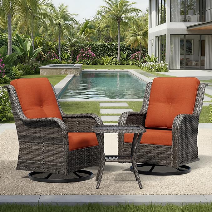 Joyside 3 Piece Wicker Patio Furniture Set, Outdoor Swivel Rocker Patio Chairs with High Back, Deep Seating, Wide Armrest, Thickened Cushions, Outdoor Furniture for Deck, Porch Use