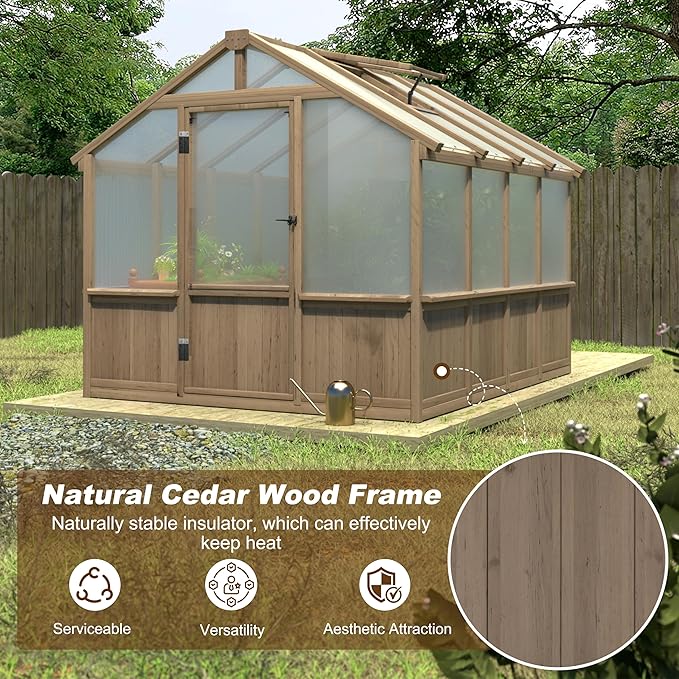 BlueWish 8x8 FT Greenhouses for Outdoors, Cedar Green House with 6MM Polycarbonate Panel, Greenhouse Kit with Adjustable Vent & Lockable Door, Walk-in Greenhouse for Outside, Garden, Backyard