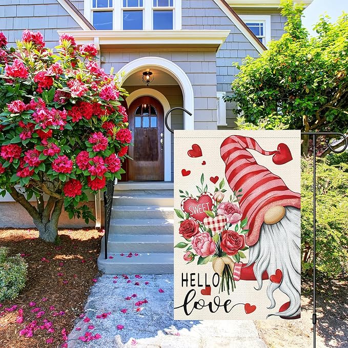 Louise Maelys Hello Love Valentine's Day Garden Flag Gnome Floral Heart 12x18 Inch Double Sided Welcome Small Burlap Spring Holiday Yard Outdoor Home Decor