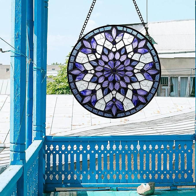 AMDERVEN Stained Glass Window Hanging, Purple Blue Tiffany Style Flowers Sun Catcher for Window Door Home Decor Suncatcher Christmas Mother's Day Birthday Gifts for Women Men Mom Nana 11.8 in