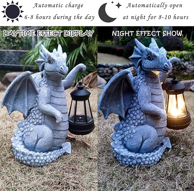 Qobumy Solar Dragon Garden Statue Decoration with Solar Lantern,Dragon Figurine Lights Outdoor Décor for Yard，Lawn ,Patio, Balcony, Unique Housewarming Ornament