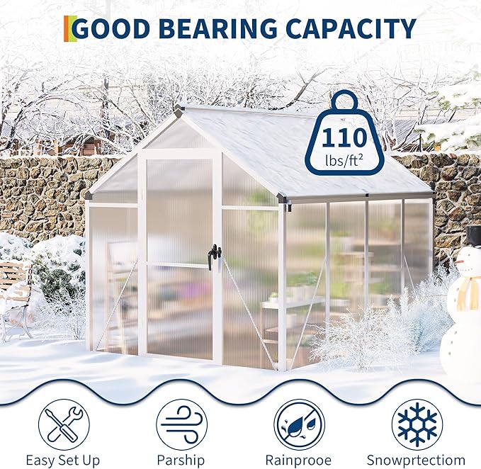 6 x 8 ft Greenhouse, Greenhouses for Outside, Polycarbonate Greenhouse with Aluminum Frame, Lockable Door and Ajustable Roof Vent for Backyard, Green Houses for Outside Garden Backyard, Patio