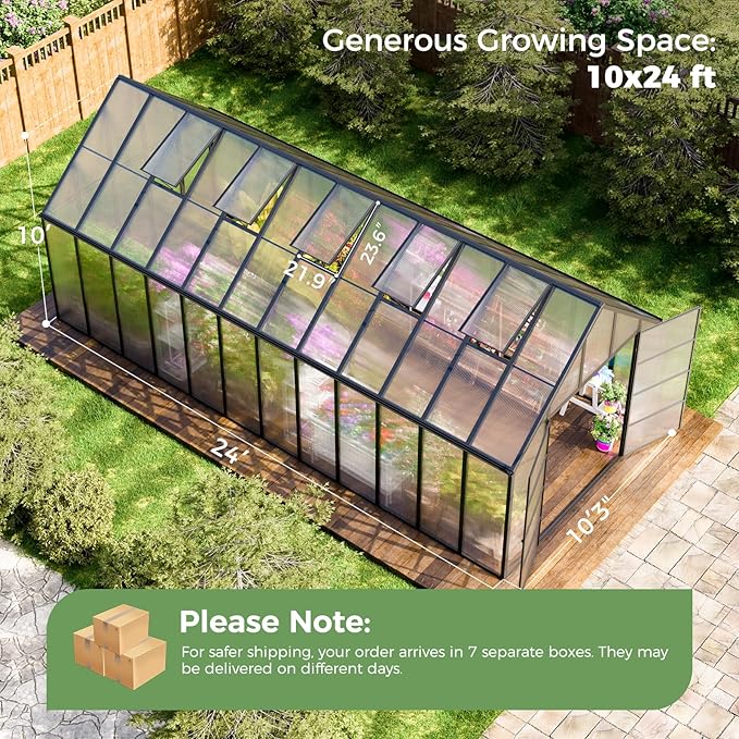 WACASA 24x10x10 FT Greenhouse for Outdoors, Easy 3-Way Connectors, Heavy-Duty Aluminum Frame, Wind/Snow Resistant for Gardening/Urban Farming, Includes Sliding Door & Ventilation Windows