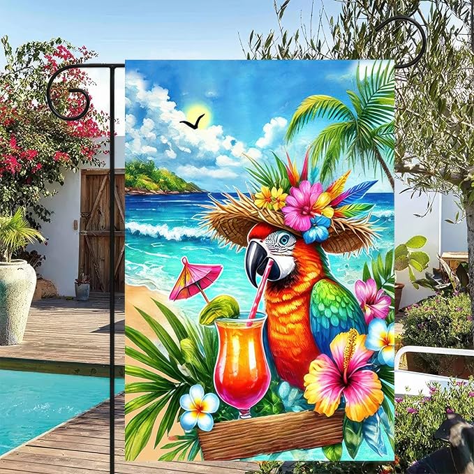Summer Parrot Garden Flag 12x18 Double Sided Tropical Bird Yard Flag Red Parrot Welcome Banner Outdoor Beach Palm Tree Decor Summer Garden Decorations for Home Lawn Patio Porch
