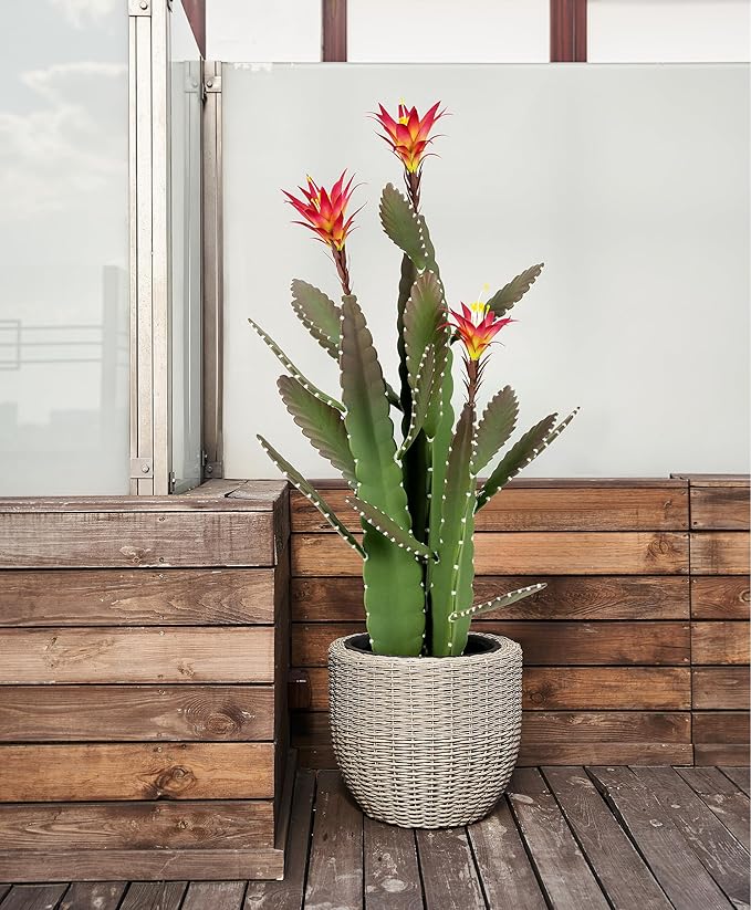 SUNPRAIRIE 33 Inch Large Artificial Cactus with Magenta Flowers in Pot with Natural Gravel. Satin Finish Leaves with Real Look and Feel. Outdoor and Indoor Faux Plants.