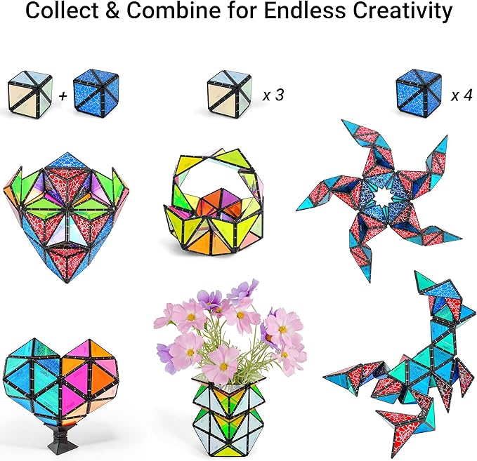 TOSY Magnet Pyramid Glow - 1 Cube Transforms into 1 Billion Shapes, 15 pcs (12 Puzzle pcs & 3 Accessories), 243 Magnets, Glowing, Christmas Stocking Stuffers Gift for Kids, Creative Puzzle STEM Toy