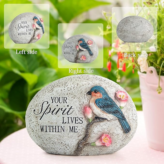 Bluebird Memorial Garden Stone Decoration,Sympathy Gift for Loss of Loved One,Outdoor Tribute Plaque with "Your Spirit Lives Within Me" Engraving,Spirit inspirational Memorial blue bird figurine