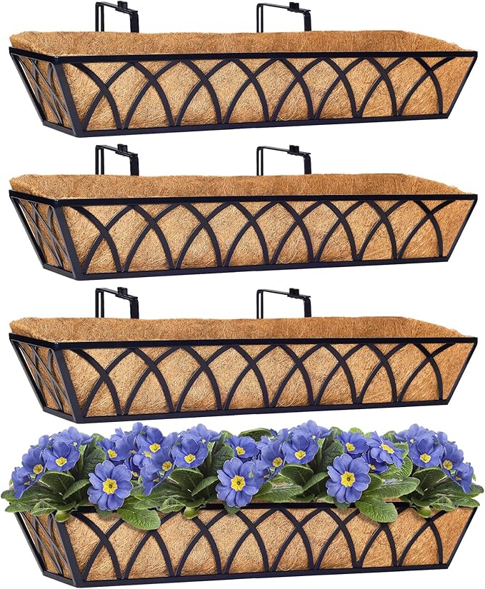 Y&M 30 Inch Window Deck with Coco Liner, Fence Metal Hanging Flower Planter Basket Deck Railing Planter Boxes for Outdoor Garden Lawn, 30" Window Boxes Horse Trough with Coconut Coir Liner,4pcs