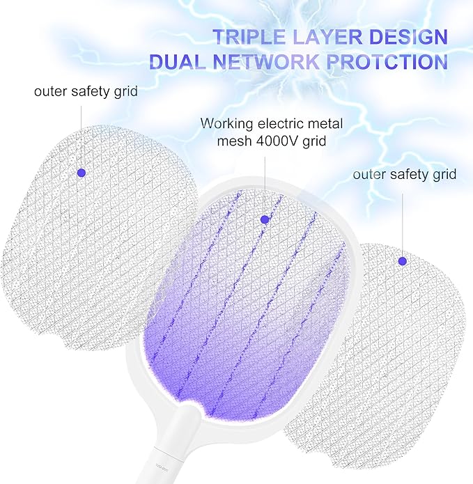 Electric Fly Swatter Racket, 4000V Bug Zapper Racket Rechargeable Fly Zapper Dual Modes Mosquito Swatter Portable with Purple Light & 3-Layer Safety Nets for Indoor & Outdoor, 1 Pack