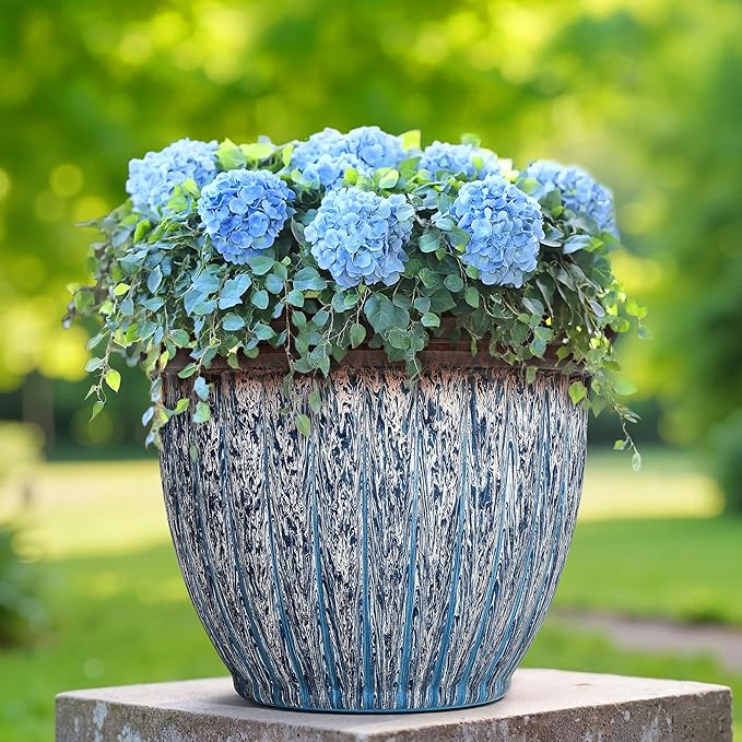Ultym 15" D Large Flower Pots, 2-Pack Big Planters for Indoor Outdoor Plants, UV-Protect PP Container for Garden Patio Yard Balcony Porch or Home Decor, Artistic Floating Blue & Brown Glaze