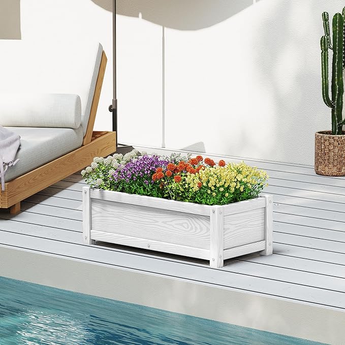 HDPE Planter Box, All-Weather Outdoor Garden Bed Easy to Assemble, Drainage System, Low Maintenance, Non-Fading, for Flower/Herb/Seed (White)