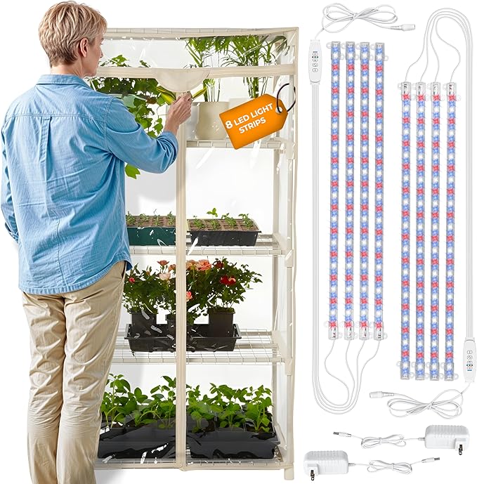 Carpathen Indoor Greenhouse with Grow Lights - 4 Tiers 27.2"L x 19.3"W x 54"H with 8 Dimmable 15W Full Spectrum LED Light Strips and Spectrum Control - Mini Greenhouse with Waterproof Zipped PVC Cover