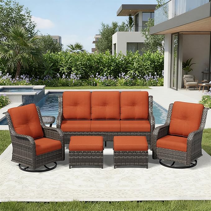 Joyside 6 Piece Wicker Patio Furniture Set, Outdoor Swivel Rocker Patio Chairs with High Back, Deep Seating, Wide Armrest, Thickened Cushions, Outdoor Furniture for Deck, Porch Use