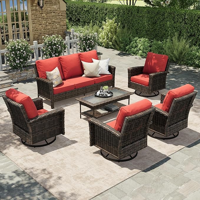 HERA'S HOUSE Red Patio Furniture Set, 35" High Back Swivel Chair with 5.5" Thick Cushions, Oversized Outdoor Wicker Conversation Set for Deck Garden Poolside Backyard Lawn