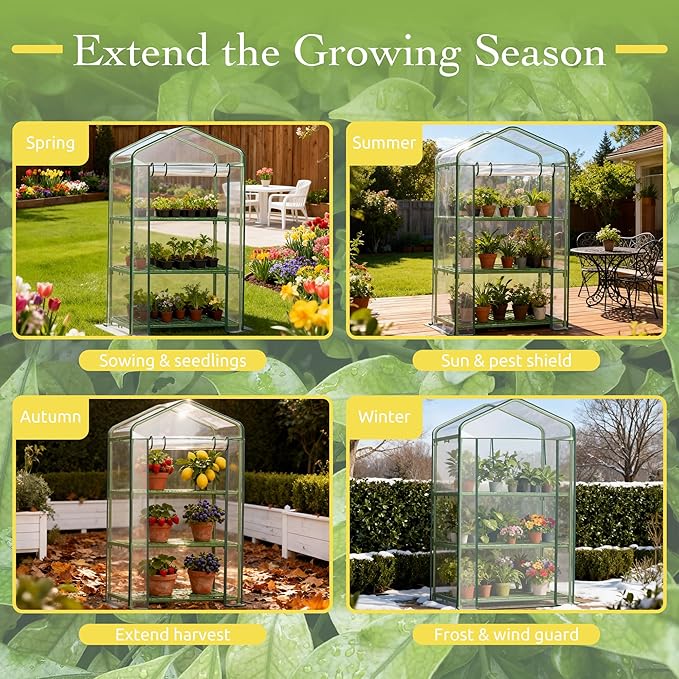 Mini Greenhouse for Outdoor Indoor, 3 Tier Shelves Small Green House for Winter, Portable Greenhouses with PE-Coated Metal Frame Heavy Duty PVC Cover, Plant Rack Stand House 2.3x1.6x4.2ft
