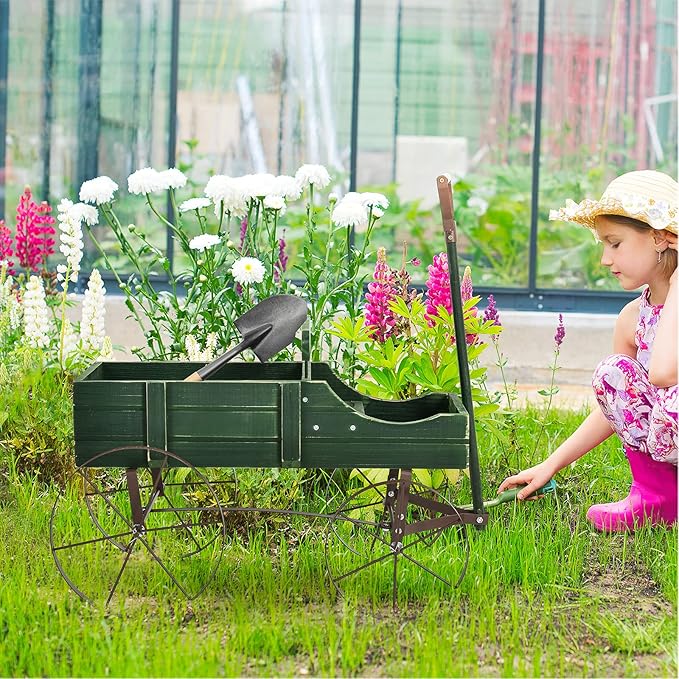 Giantex Small Wagon Planters for Outdoor Plants, Decorative Garden Bed with Metal Wheels, Wood Raised Beds Plant Pot Stand for Backyard Garden Patio 24.5"x13.5"x24" (Green)