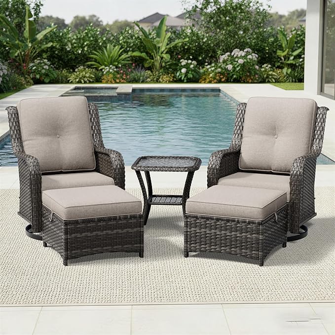 Joyside 5 Piece Wicker Patio Furniture Set, Outdoor Swivel Rocker Patio Chairs with High Back, Deep Seating, Wide Armrest, Thickened Cushions, Outdoor Furniture for Deck, Porch Use