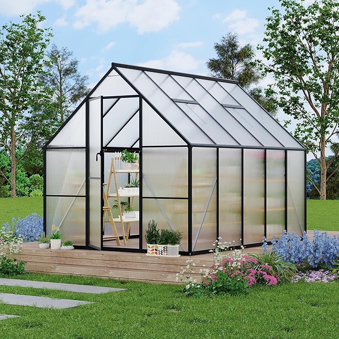 Polycarbonate Greenhouse for Outdoors, Large Walk-InGreenhouse with Quick Setup Structure and Roof Vent, Greenhouse with Ventilation and Rain Gutter