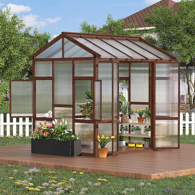 6x8 FT Heavy Duty Walk-in Wooden Greenhouse - Outdoor Green House Kit with 6mm Polycarbonate, Ventilated Window & Lockable Door for Backyard, Patio, Lawn