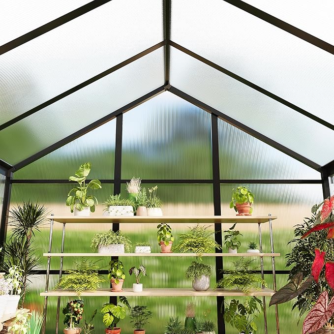 8X12FT Outdoor Greenhouse, Aluminum Polycarbonate House, Green Houses for Outside with Sliding Doors, Ajustable Roof Vent, Withstands Bad Weather for Garden, or Backyard, Black