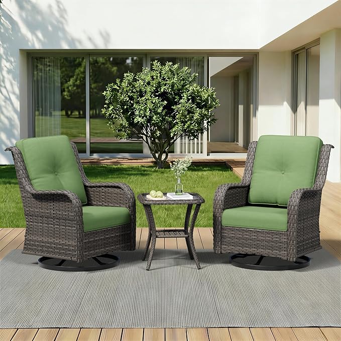 3 Piece Outdoor Wicker Patio Furniture Set, Swivel Rocker Patio Chairs Set with Thickened Olefin Cushions, High Back and Deep Seating, Hand-Woven PE Rattan for Porch, Deck