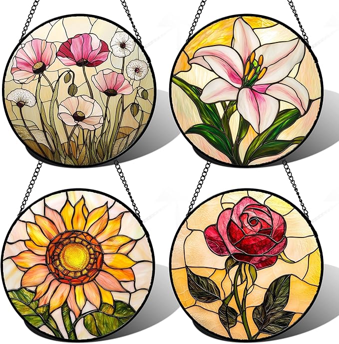 AMDERVEN Stained Glass Window Hanging 4 Pcs Set Lily Rose Sunflower Poppy 6.3" - Flower Suncatcher Door Garden Sun Catcher Decor Birthday Mother's Day for Wife Woman Nana Girl