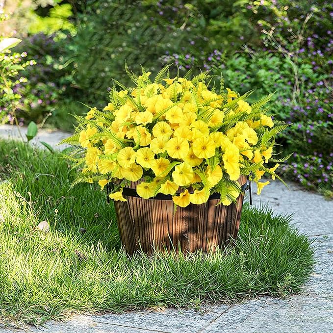 HIAGROW Artificial Flowers Outdoors 12 Bundles Yellow Artificial Petunias Fake Flowers UV Resistant Shrubs Plants with Fern for Indoor Outside Hanging Planters Home Garden Summer Decorations