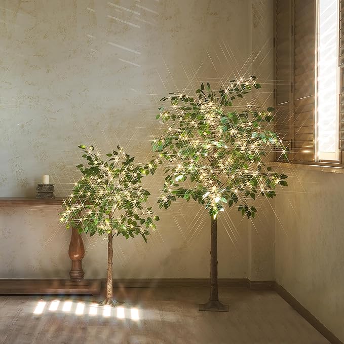 Hairui Artificial Ficus Silk Tree Lights 4FT 140LED Fairy Lights, Faux Plant Tree with Lights for Home Room Spring Summer Decoration Inside