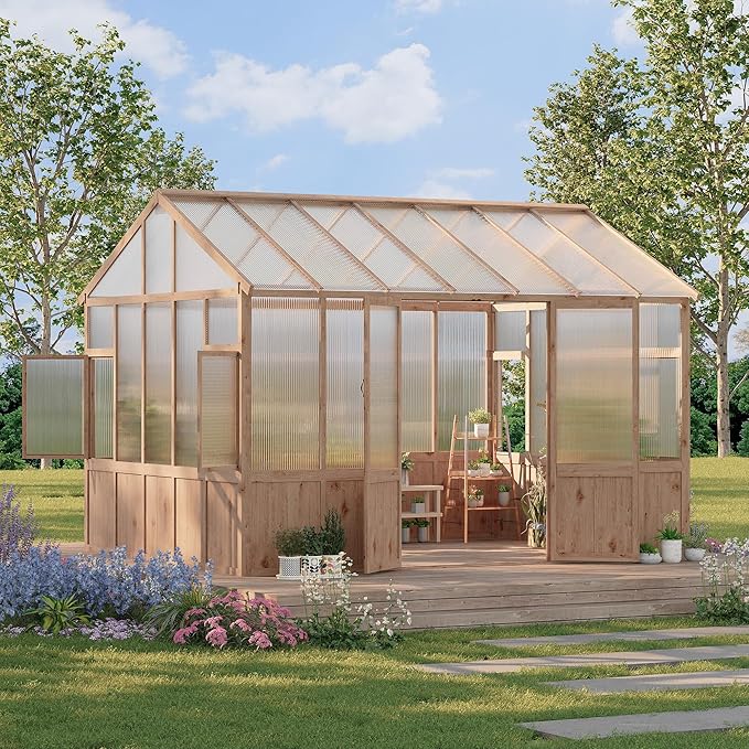 10X12 FT Heavy Duty Walk-in Wooden Greenhouse - Outdoor Green House Kit with 6mm Polycarbonate, Ventilated Window & Lockable Door for Backyard, Patio, Lawn