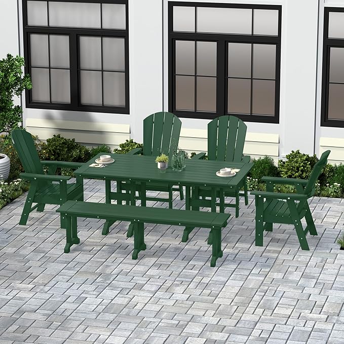 WestinTrends Malibu 6 Piece Adirondack Patio Dining Set with Bench, All Weather Poly Lumber Outdoor Table and Chairs, 71" Trestle Dining Table, 4 Adirondack Chair with Dining Bench, Dark Green