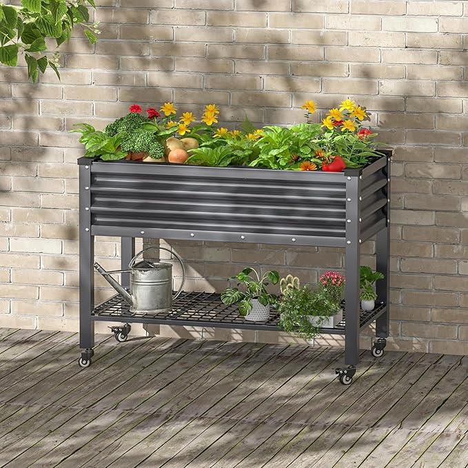 MUPATER 48" L x 24" W x 34" H Galvanized Steel Raised Garden Bed with Legs, Large Metal Elevated Planter Box with Rolling Casters & Extra Bottom Shelf for Backyard, Garden, Patio, Balcony, Gray