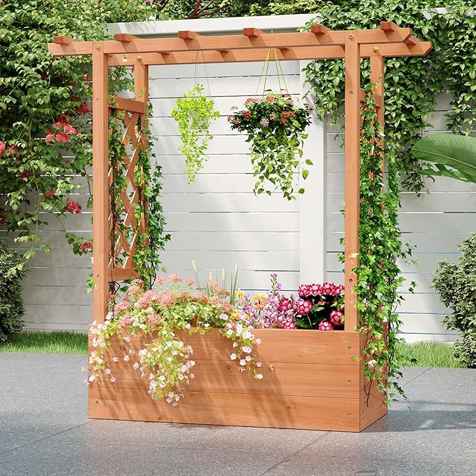 HAPPYGRILL Raised Garden Bed with Trellis, Freestanding Wood Planter Box w/Hanging Roof & 4 Drainage Holes for Vine, Climbing Plants, Flowers, Outdoor Planter with Trellis for Garden, Patio, Yard
