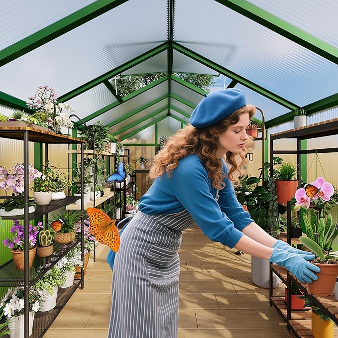 6X8FT Outdoor Greenhouse, Aluminum Polycarbonate House, Green Houses for Outside with Sliding Doors, Ajustable Roof Vent, Withstands Bad Weather for Garden, or Backyard, Green