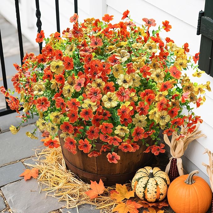 florisso Artificial Fall Flowers Fake Mums for Outdoor Autumn Decoration, 12 Bundles Faux Silk Orange Yellow Mums Daisy Look Real UV Resistant for Outside Home Porch Patio Planter