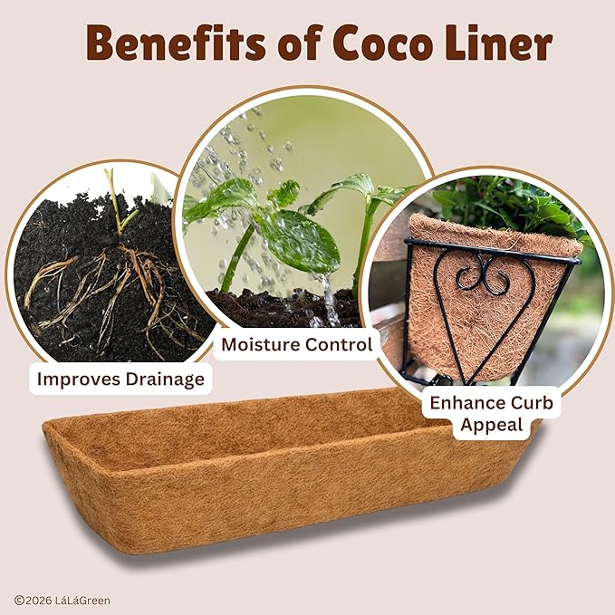 LaLaGreen 24" (2 Pack, Rectangular) Coco Liners for Planter – Large Coir Husk Replacement for Window Box, Wall Mount Pot, Trough Basket, Garden Outdoor Use – Multi Sizes 16/30 Inch & Different Shapes