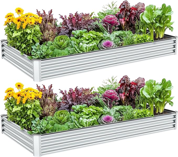 2PCS 8x4x1FT Galvanized Raised Garden Bed Kit, Galvanized Planter Raised Garden Boxes Outdoor, Large Metal Raised Garden Beds for Vegetables-Silver
