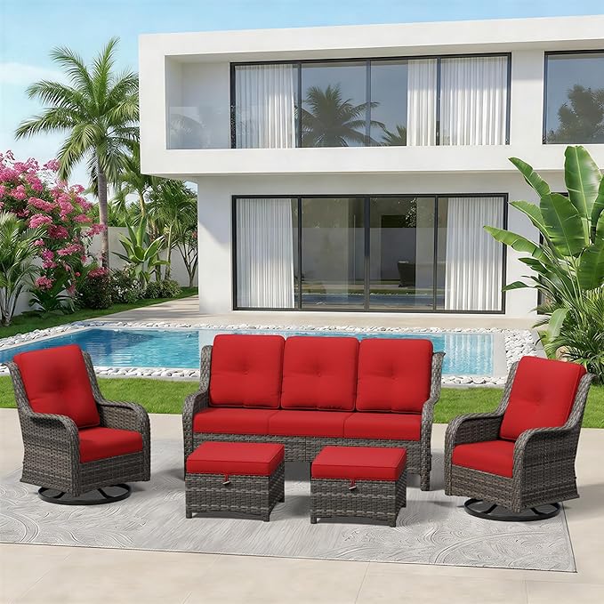 5 Piece Outdoor Wicker Patio Furniture Set, Outdoor Swivel Rocker Patio Chairs Set with Thickened Olefin Cushions, High Back and Deep Seating, Hand-Woven PE Rattan for Porch, Deck
