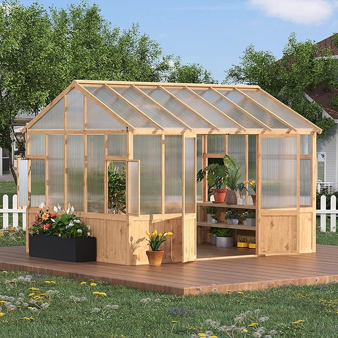 10X12 FT Heavy Duty Walk-in Wooden Greenhouse - Outdoor Green House Kit with 6mm Polycarbonate, Ventilated Window & Lockable Door for Backyard, Patio, Lawn