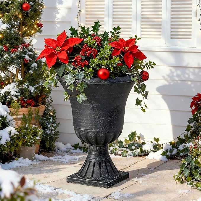 Autodaya 22" Tall Planters Set of 2, Washed Black Urn Outdoor Pots for Plants, Versatile Indoor/Outdoor Flower Pots w/Drainage Holes for Patio, Garden, Porch & Living Room Decor, Ideal Gift