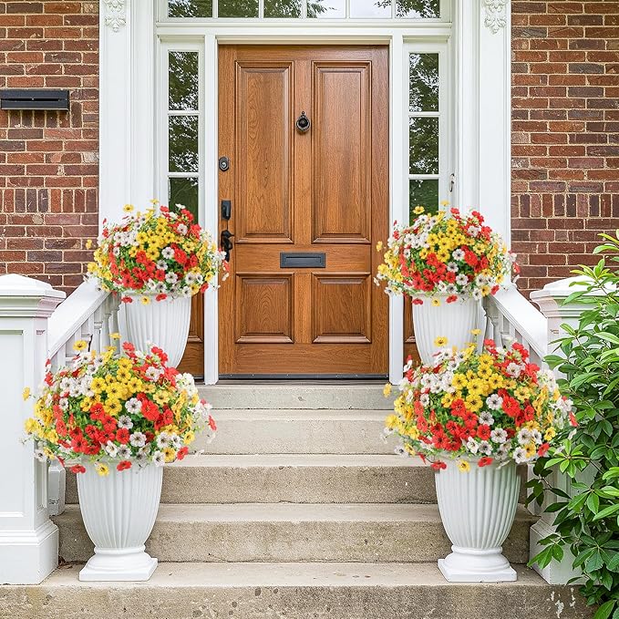 Artificial Spring Flowers Outdoors Faux Plants UV Resistant Plastic Flowers Outdoors Fake Greenery Plants Outside for Garden Porch Planters Silk Flowers Daisy Decor, 12 Bundles (Mix White Yellow Red)