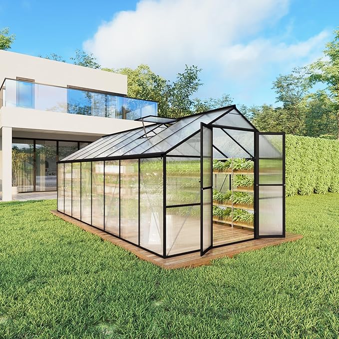 8X16 FT Greenhouse, Walk in Greenhouse with Roof Vent and Rain Gutter, Quick Setup Aluminum Large Polycarbonate Greenhouses for Outdoor Backyard Garden, Black (189" W x 96" D x 77" H)
