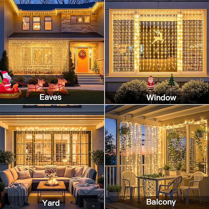 suddus Solar Tangle-Free Curtain Lights,200 LED Hanging Lights with Hook, Waterproof Window Lights for Christmas, Dorm, Wall, Backdrop, Window, Wedding, Party, Birthday Decor, Warm White