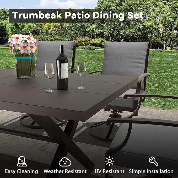 7-Piece Patio Dining Set Outdoor Conversation Set,Metal Outdoor Furniture Set with Umbrella Hole Cut-Out 78.7" x 35.4" Table and 6 Metal Backrest Swivel Chairs for Backyard,Garden,Grey