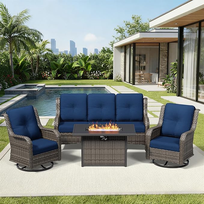 Joyside 4 Piece Wicker Patio Furniture Set with Fire Pit Table, Outdoor Swivel Rocker Patio Chairs with High Back, Deep Seating, Wide Armrest, Thickened Cushions, Outdoor Furniture for Deck, Porch Use
