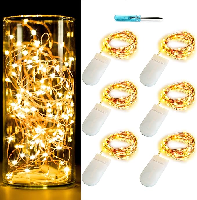 6-Pack 7Ft Starry String Lights No Remote Fairy String Lights 20 Micro Starry LEDs On Copper Wire CR2032 Batteries Included,For Wedding Centerpiece,Party,Christmas Table Decor(Copper Warm White)