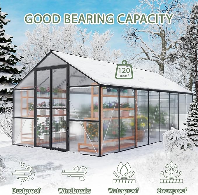 8 x 16 FT Outdoor Greenhouse, Heavy-Duty Polycarbonate Greenhouse with Aluminum Frame, Lockable Door, Adjustable Roof Vent, Walk-in Green House for Backyard, Garden, Patio