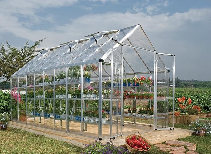 Palram - Canopia Snap & Grow 8 Ft. x 16 Ft. Greenhouse Kit Hobby DIY Walk In Green House Heavy Duty Polycarbonate, Aluminium Frame, with Lockable Door and Vent for Outdoors, Garden, Backyard In Silver