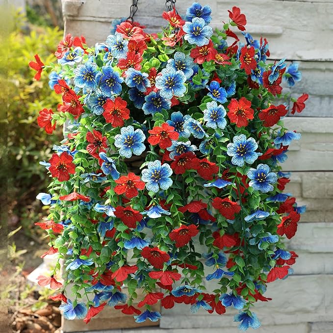 HyeFlora Artificial Hanging Flowers Basket for Outdoor, Fake Flowers Faux Plants Look Real for Yard Gardens Porch Patio Home (Blue+Red)